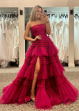 Hazel |A - Line Strapless Slit Tulle Champagne Long Prom Dress with Tiered Ruffles - Burgundy - US0 - PromDressClub