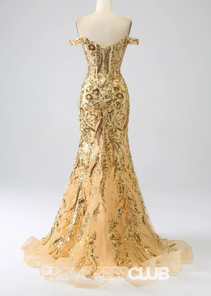 Hazel |Long Black Prom Dresses Near Me With Sequins Mermaid Off the Shoulder Split - Price #price_variant_lowest# - Gold - PromDressClub