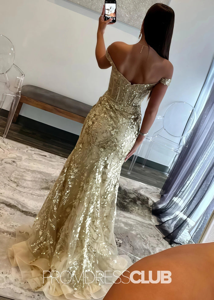 Hazel |Long Black Prom Dresses Near Me With Sequins Mermaid Off the Shoulder Split - Price #price_variant_lowest# - Gold - PromDressClub