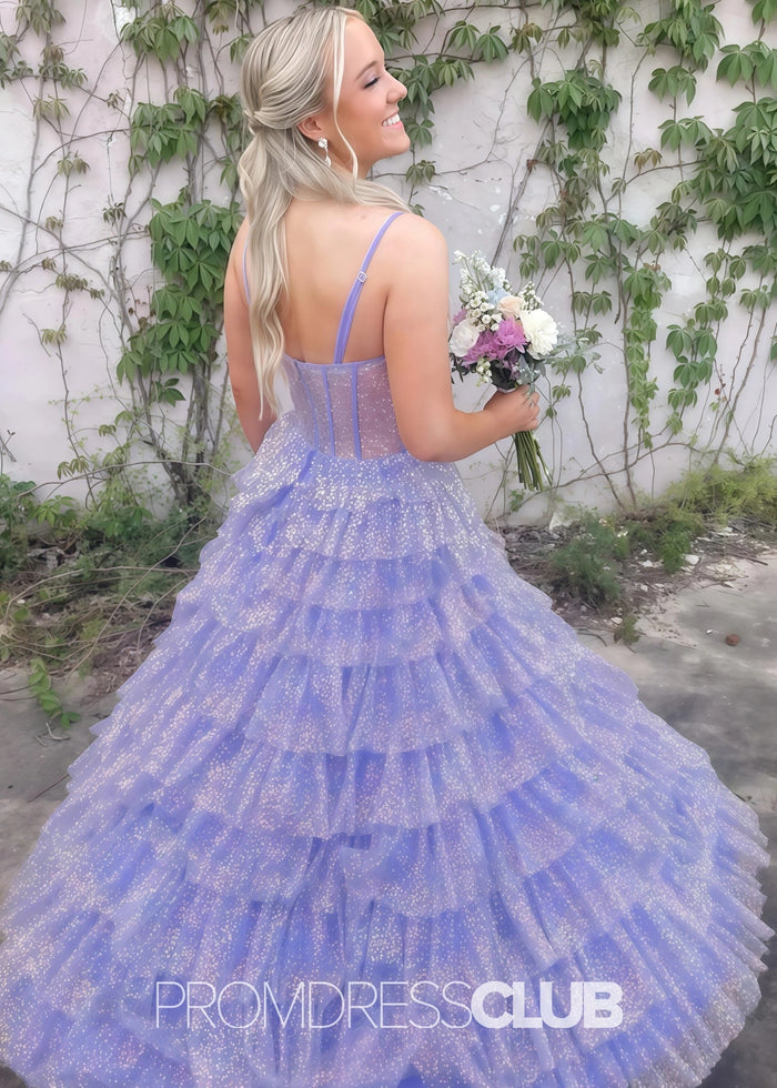 Hedda |Long Lilac Prom Dresses Near Me With Sparkly Princess Spaghetti Straps Tulle Tiered - Price #price_variant_lowest# - Lilac - PromDressClub