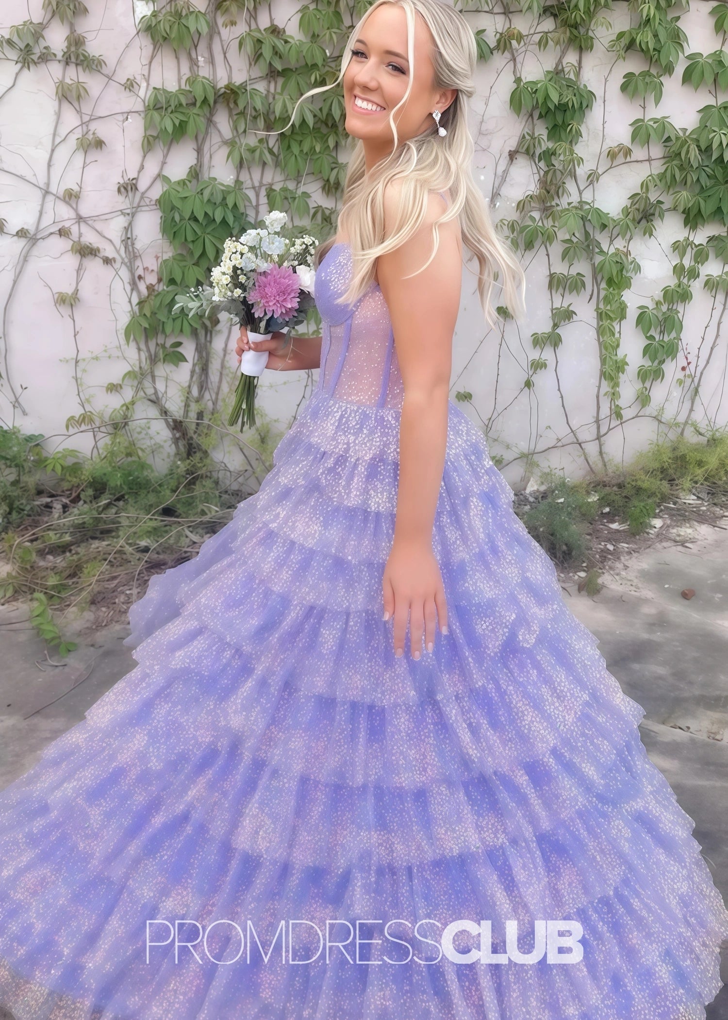 Hedda |Long Lilac Prom Dresses Near Me With Sparkly Princess Spaghetti Straps Tulle Tiered - Price #price_variant_lowest# - Lilac - PromDressClub
