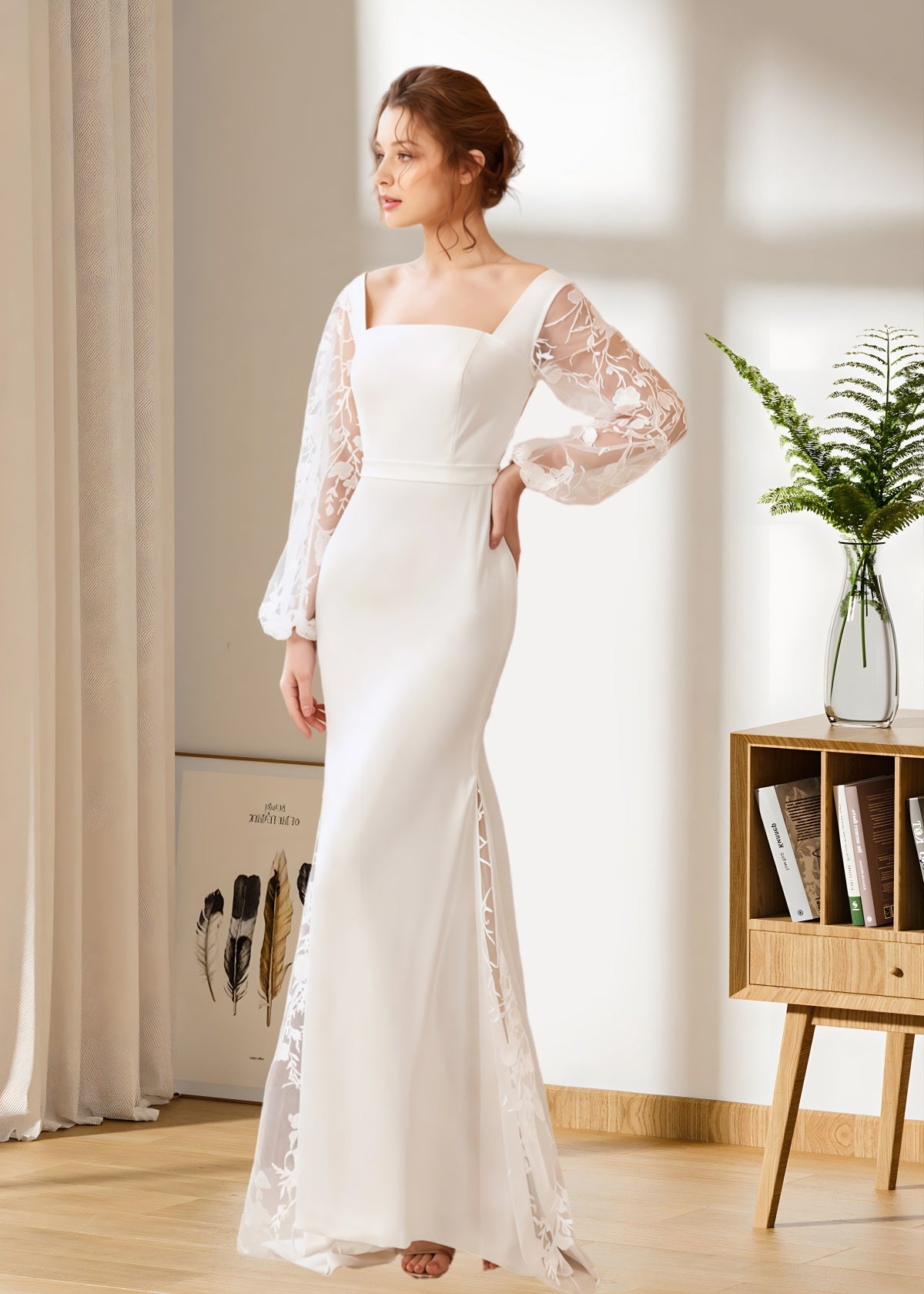 Hedda | Mermaid Square Neck Long Sleeve Backless White Satin Wedding Dress with Bow - White - PROMDRESS Club