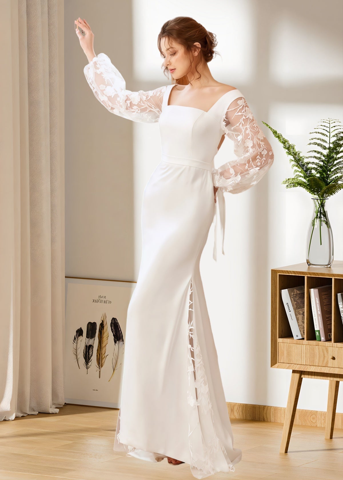 Hedda | Mermaid Square Neck Long Sleeve Backless White Satin Wedding Dress with Bow - White - PROMDRESS Club