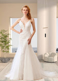 Helen | Boho Mermaid Spaghetti Strap Open Back White Lace Wedding Dress with Sweep Train - White - PROMDRESS Club