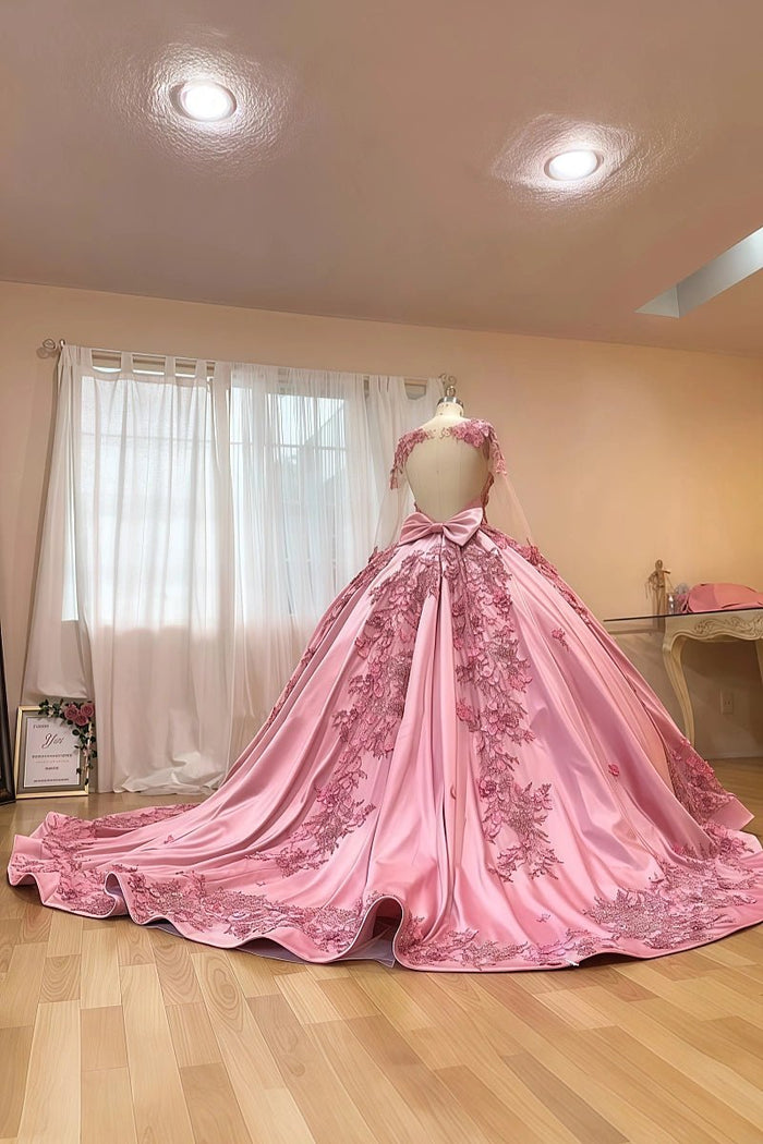 Helen | Gorgeous Long Sleeve Pink Quince Dresses for Memorable Occasions - Pink - PromDressClub