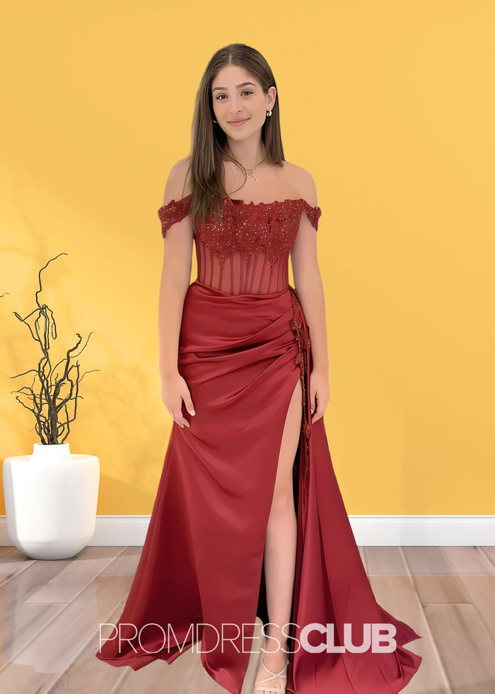 Hermosa |Long Black Prom Dresses Near Me With Mermaid Off Shoulder Lace Sequins High Split - Price #price_variant_lowest# - Burgundy - PromDressClub