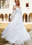 Hilary | A Line Sweetheart Backless White Organza Wedding Dress Train with Off the Shoulder - White - PROMDRESS Club