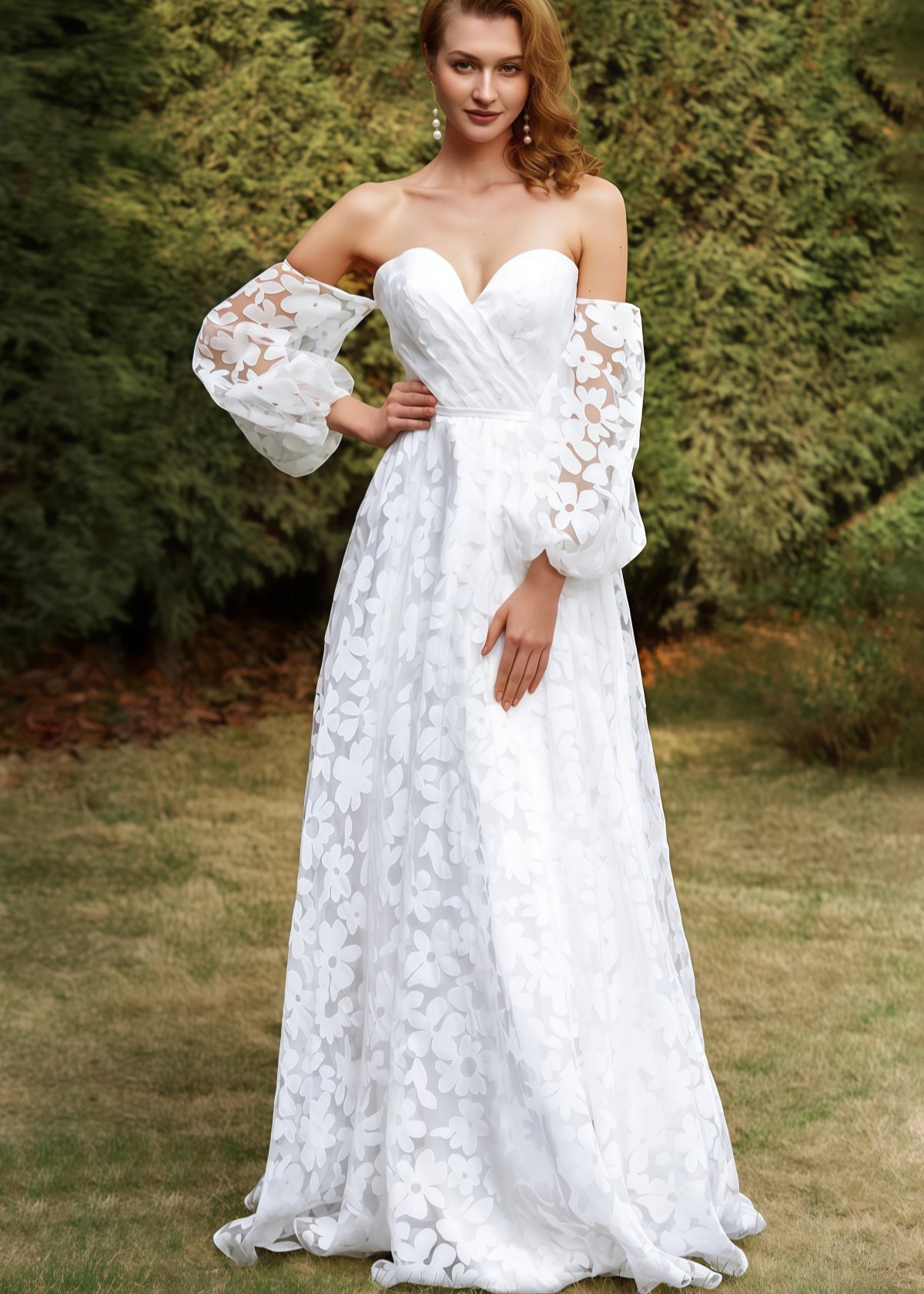 Hilary | A Line Sweetheart Backless White Organza Wedding Dress Train with Off the Shoulder - White - PROMDRESS Club