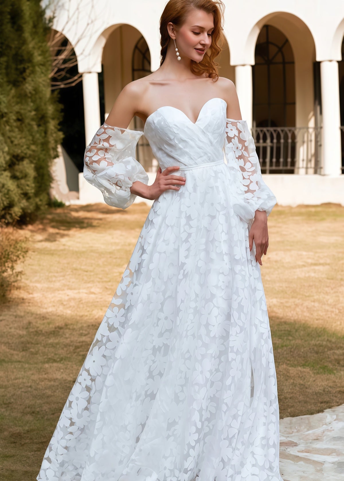 Hilary | A Line Sweetheart Backless White Organza Wedding Dress Train with Off the Shoulder - White - PROMDRESS Club