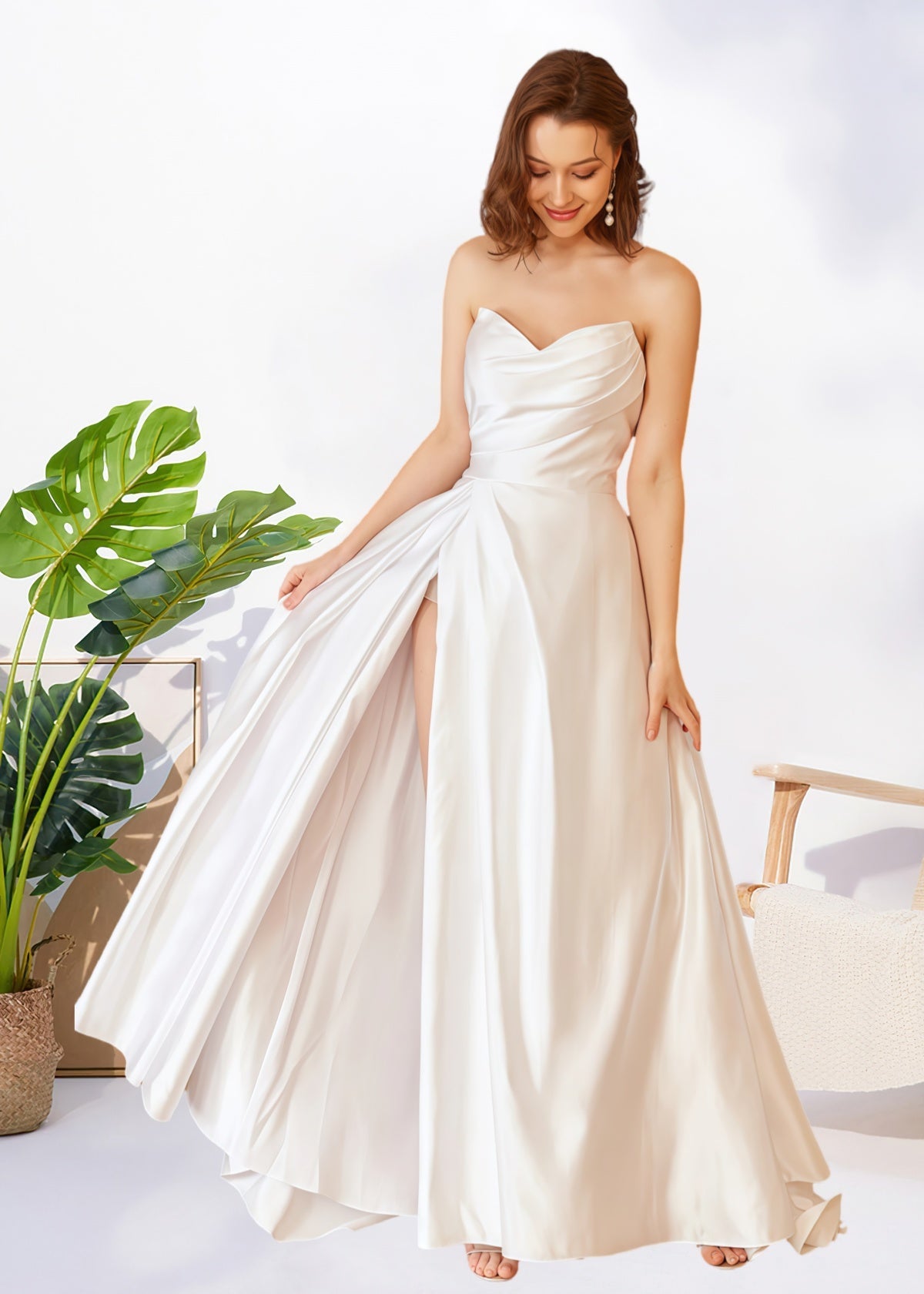 Hilda | A Line Strapless Sweetheart Neck Pleated White Satin Wedding Dress with Slit - White - PROMDRESS Club