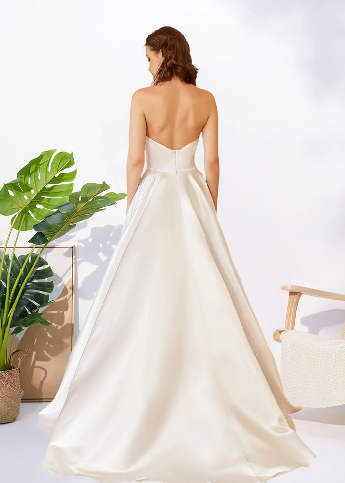 Hilda | A Line Strapless Sweetheart Neck Pleated White Satin Wedding Dress with Slit - Price #price_variant_lowest# - White - PromDressClub