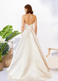 Hilda | A Line Strapless Sweetheart Neck Pleated White Satin Wedding Dress with Slit - White - PROMDRESS Club