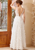 Honey | 3D Appliques Lace Corset V Neck White Tulle Wedding Dress with Open Back - White - PROMDRESS Club