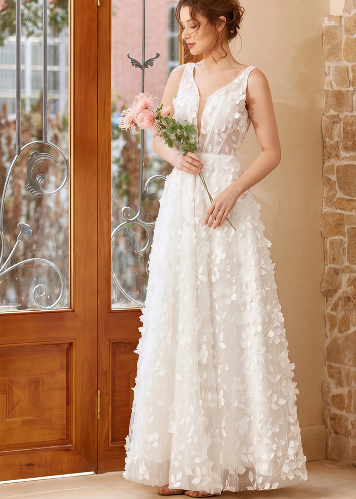 Honey | 3D Appliques Lace Corset V Neck White Tulle Wedding Dress with Open Back - Price #price_variant_lowest# - White - PromDressClub