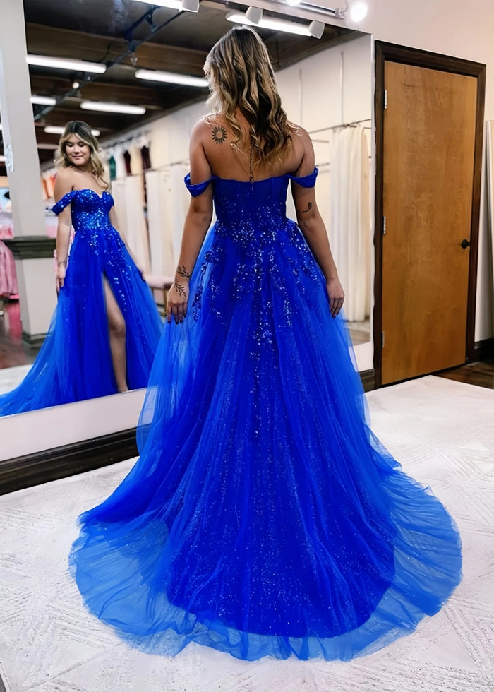 Honey | Lilac Ball Gown Princess Off the Shoulder Backless Prom Dress with Slits - Royal Blue - PromDressClub