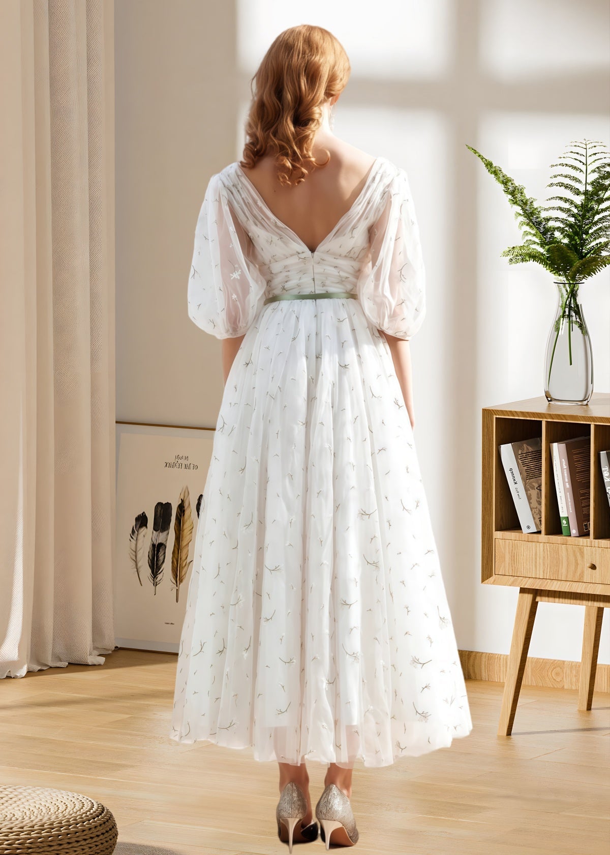 Hulda | Puff Sleeve V Neck Midi Floral Wedding Dress A Line - Green Floral - PROMDRESS Club