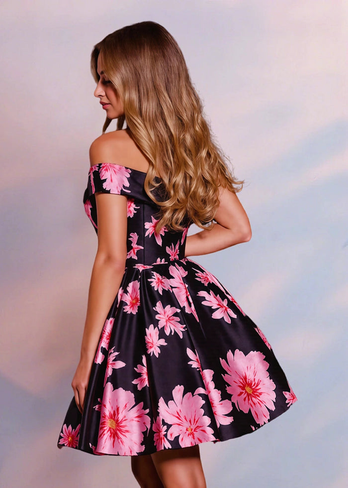 Hyacinth | Black Homecoming Dress: Bold Floral & Off the Shoulder Charm - Black Floral - PromDressClub