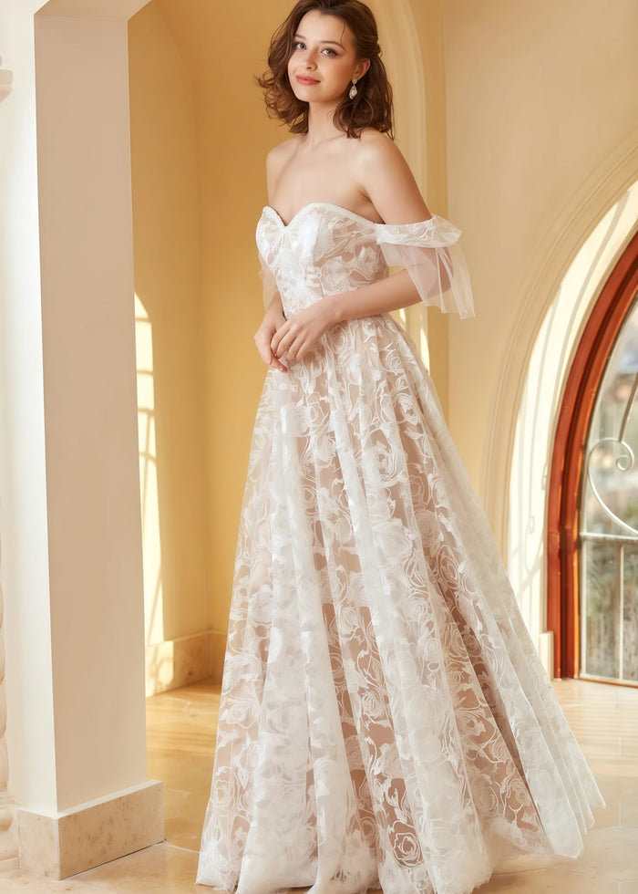 Ida | Beach A Line Off the Shoulder Lace White Wedding Dress with Backless - Price #price_variant_lowest# - White - PromDressClub