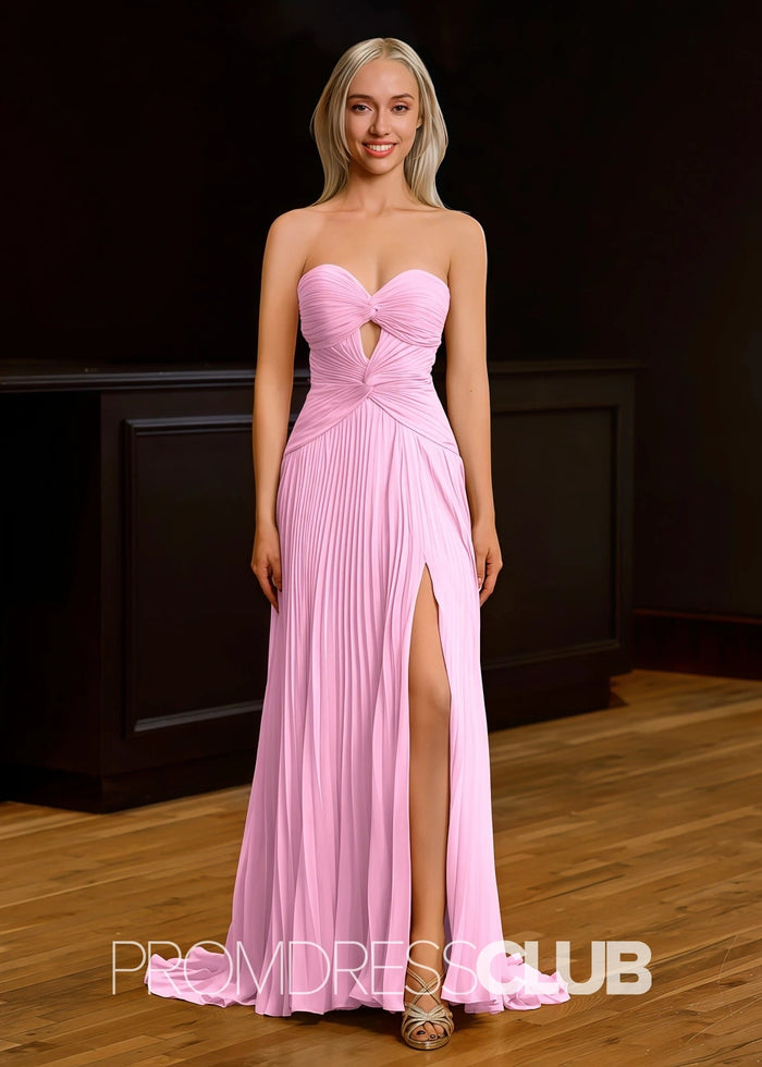 Ida | Strapless Keyhole Pleated Hot Pink Maxi Prom Dress - Price #price_variant_lowest# - Pink - PromDressClub