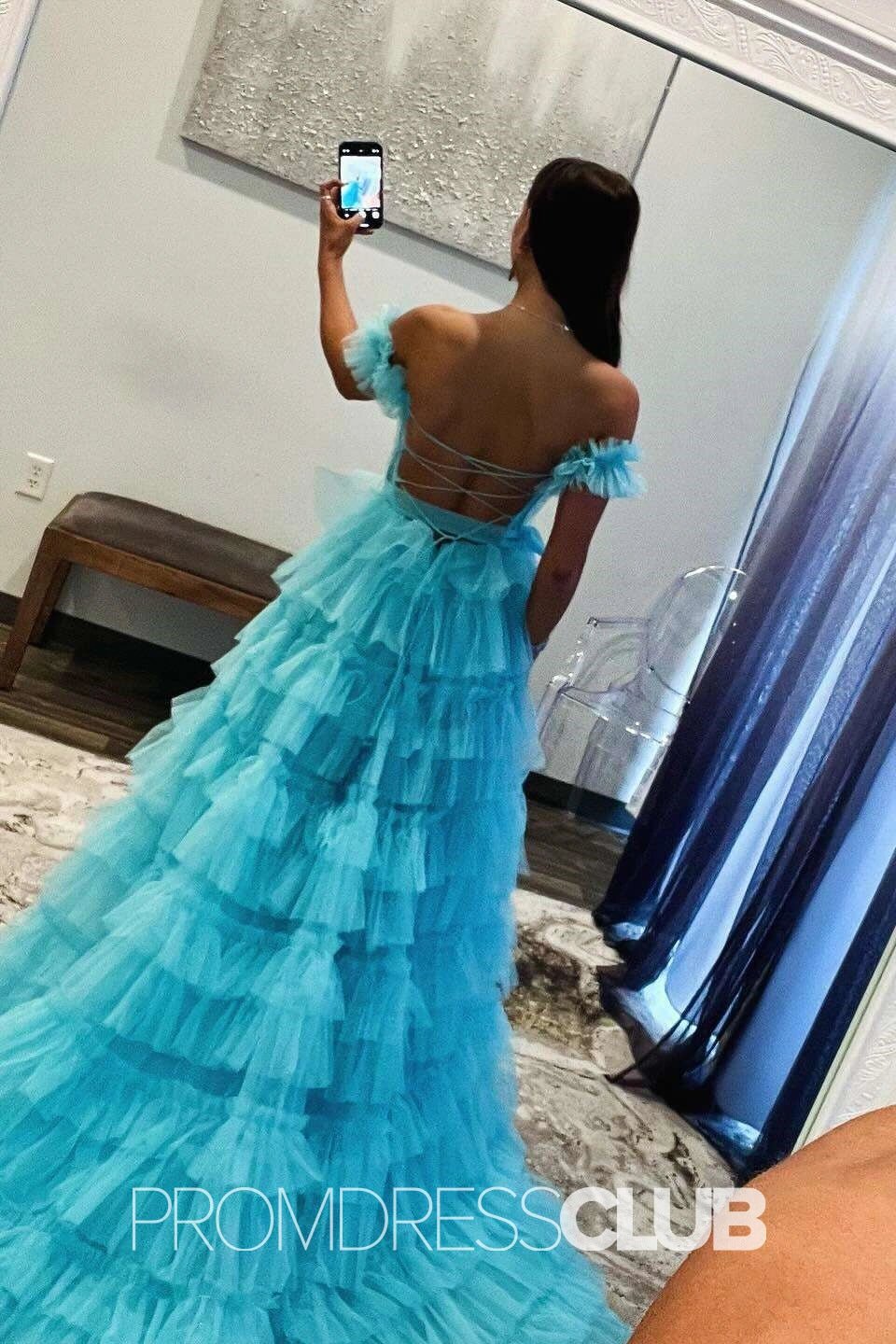 Ina | Appliqued Tiered Ruffles Royal Blue Tulle Maxi Prom Dress - Light Blue - PROMDRESS Club