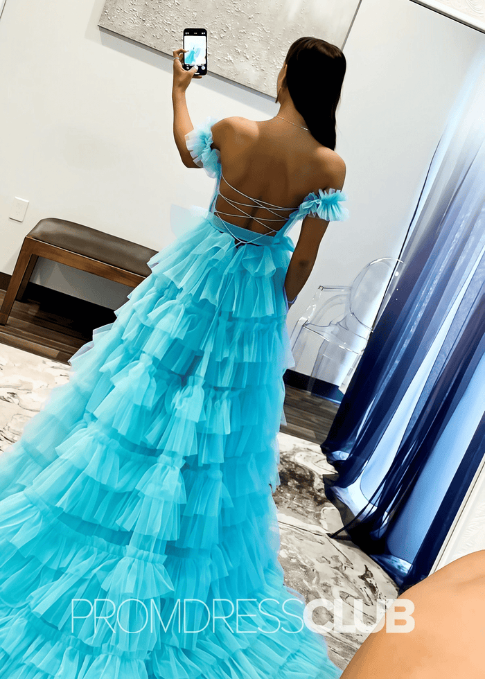 Ina | Appliqued Tiered Ruffles Royal Blue Tulle Maxi Prom Dress - Light Blue - PromDressClub