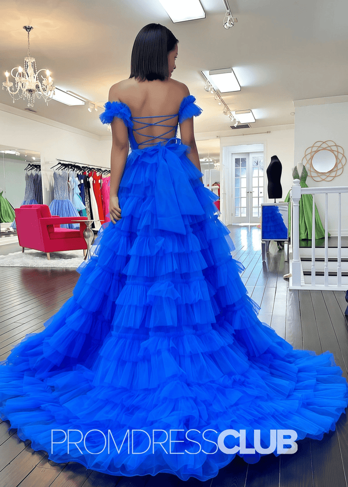 Ina | Appliqued Tiered Ruffles Royal Blue Tulle Maxi Prom Dress - Royal Blue - PromDressClub