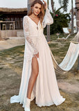 Ina | Boho Ivory Long Sleeve Wedding Dress with Slit - Ivory - PROMDRESS Club