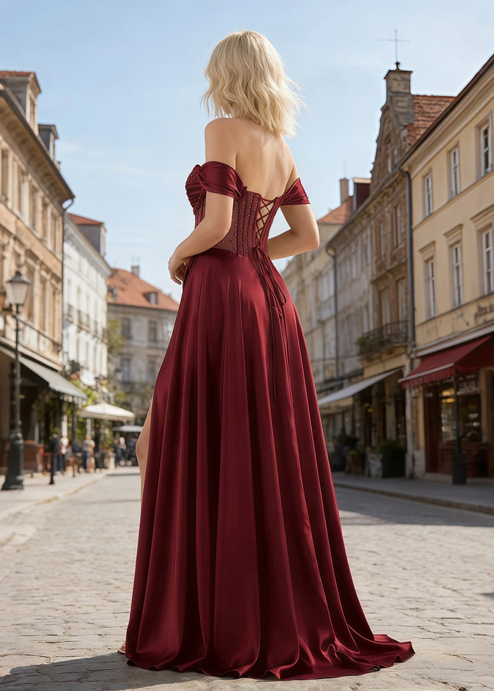 Inez Burgundy Prom Off Shoulder Dress | A - Line Strapless Corset Beaded Satin Formal Dress with Slit - Burgundy - PromDressClub