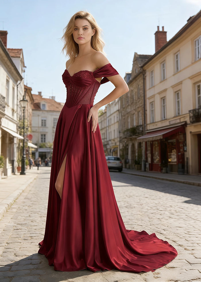 Inez Burgundy Prom Off Shoulder Dress | A - Line Strapless Corset Beaded Satin Formal Dress with Slit - Burgundy - PromDressClub