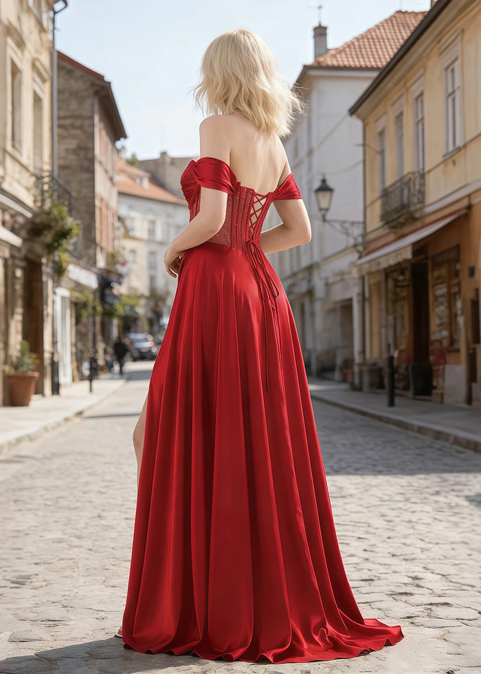 Inez Red Prom Off Shoulder Dress | A - Line Strapless Corset Beaded Satin Formal Dress with Slit - Red - PromDressClub