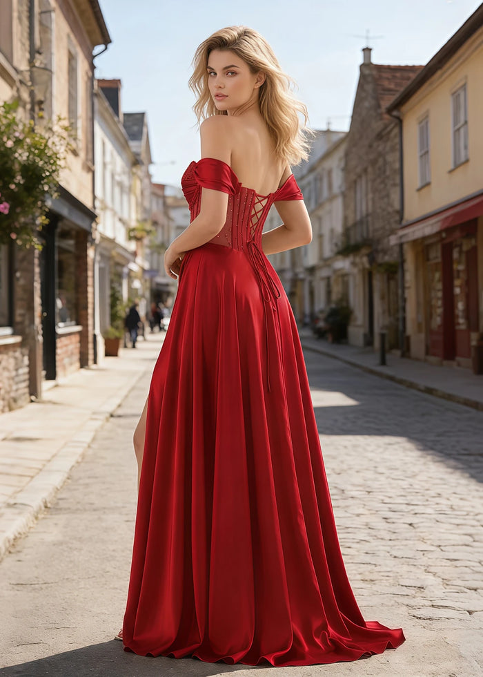 Inez Red Prom Off Shoulder Dress | A - Line Strapless Corset Beaded Satin Formal Dress with Slit - Red - PromDressClub