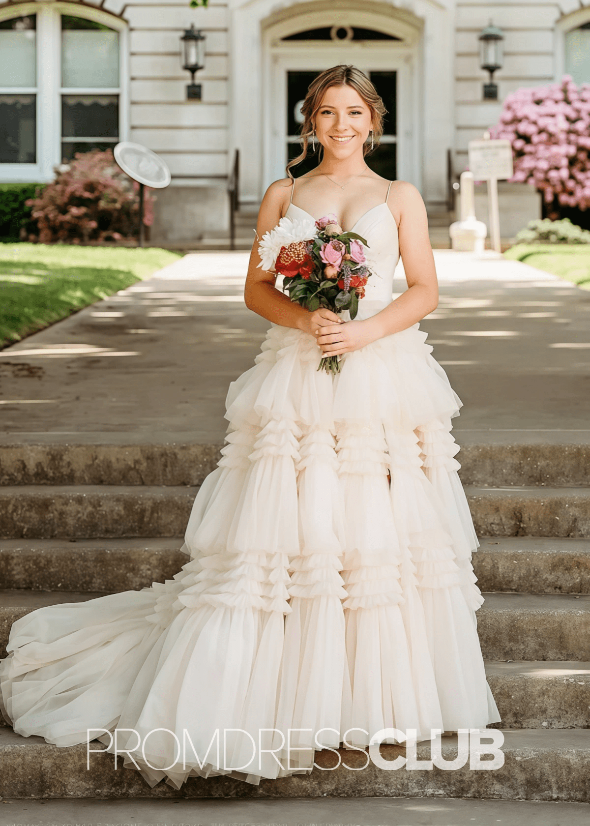 Ingrid | Tiered Pleats Ruffles Spaghetti Straps Red Tulle Prom Dress - Champagne - PROMDRESS Club