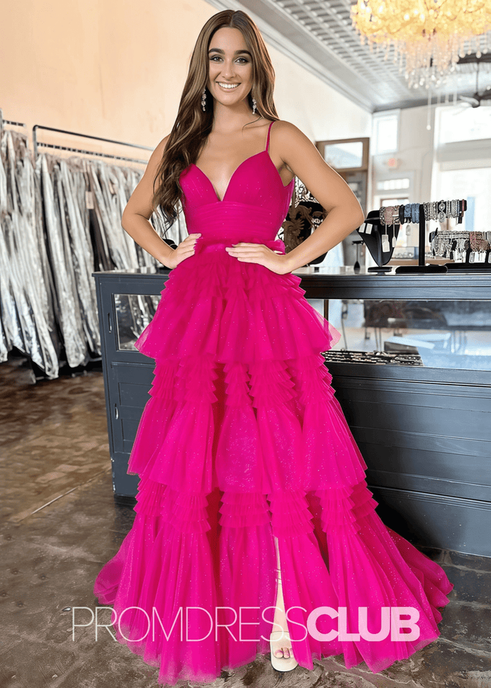 Ingrid | Tiered Pleats Ruffles Spaghetti Straps Red Tulle Prom Dress - Price #price_variant_lowest# - Hot Pink - PromDressClub