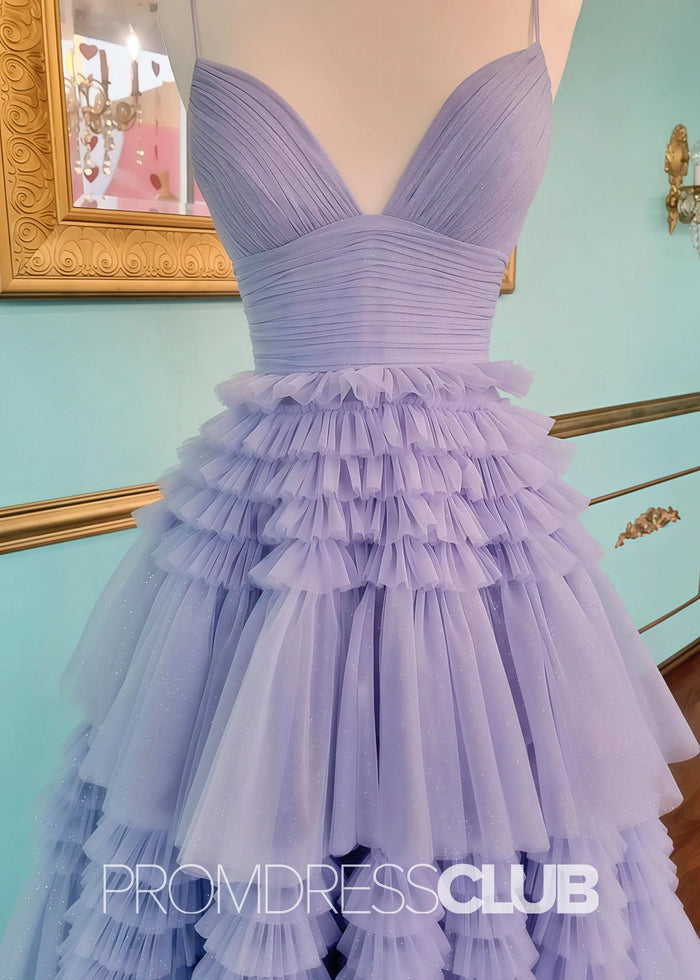 Ingrid | Tiered Pleats Ruffles Spaghetti Straps Red Tulle Prom Dress - Lavender - PromDressClub