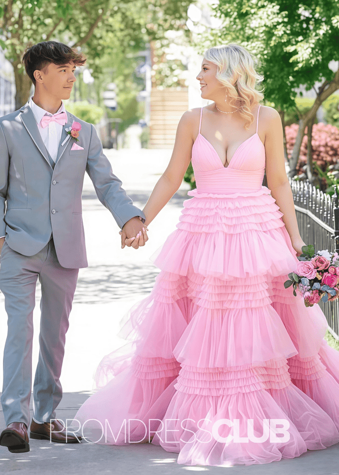 Ingrid | Tiered Pleats Ruffles Spaghetti Straps Red Tulle Prom Dress - Pink - PromDressClub