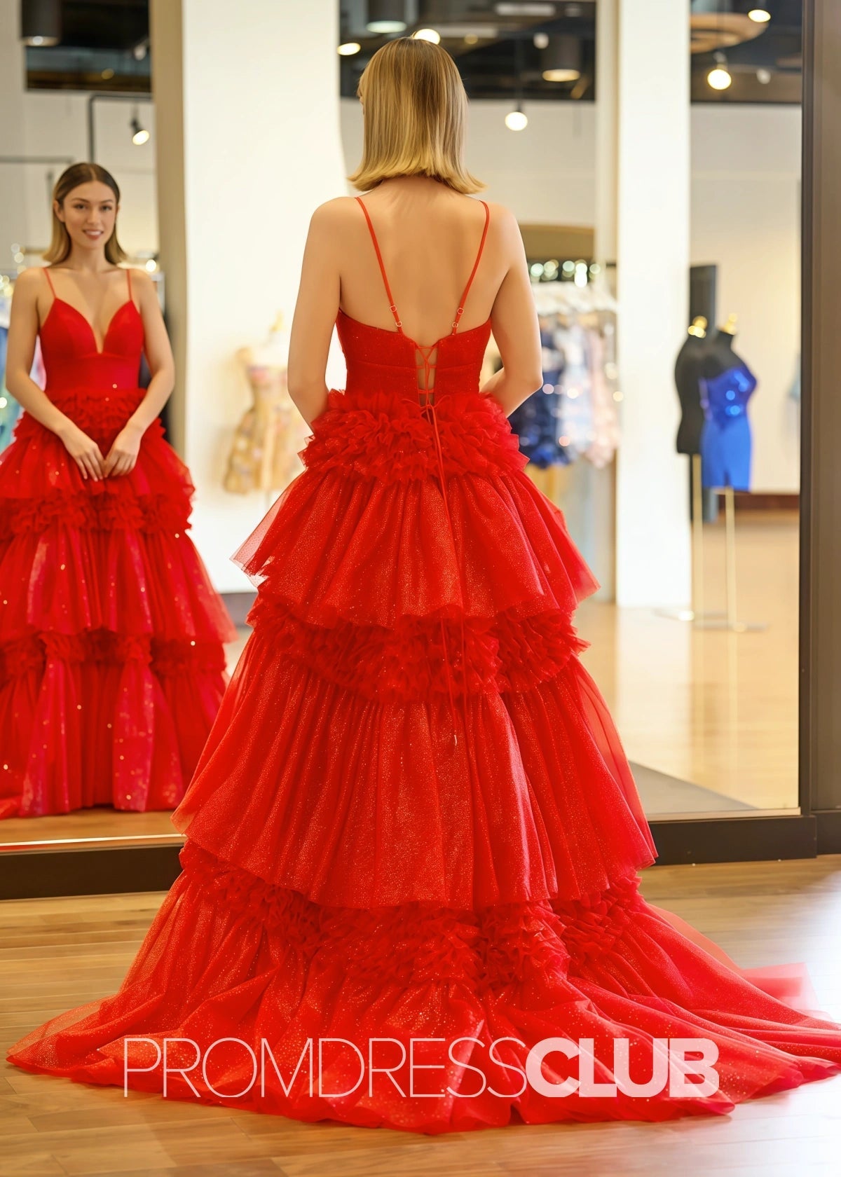 Ingrid | Tiered Pleats Ruffles Spaghetti Straps Red Tulle Prom Dress - Red - PROMDRESS Club