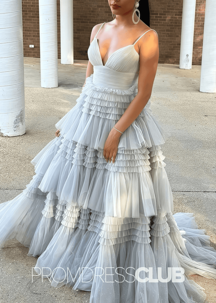 Ingrid | Tiered Pleats Ruffles Spaghetti Straps Red Tulle Prom Dress - Silver - PromDressClub