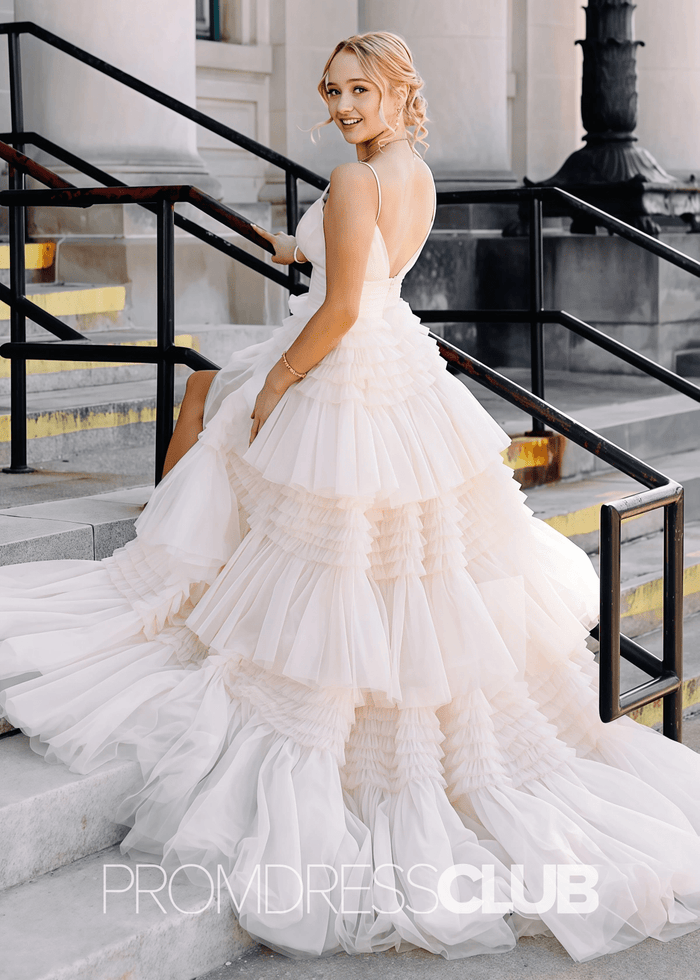 Ingrid | Tiered Pleats Ruffles Spaghetti Straps Red Tulle Prom Dress - Price #price_variant_lowest# - White - PromDressClub