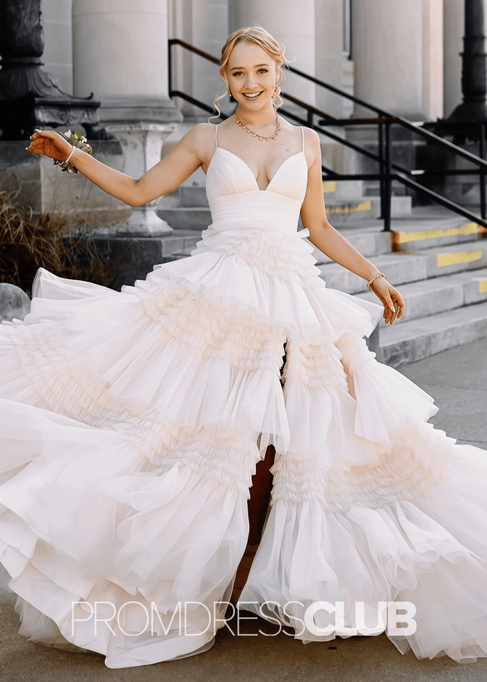 Ingrid | Tiered Pleats Ruffles Spaghetti Straps Red Tulle Prom Dress - White - PromDressClub