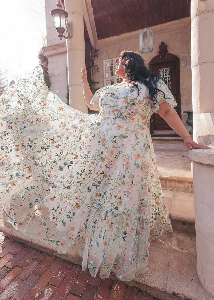 Irene | Stunning Elegant White Square Neck Floral Prom Dress with Sleeves - White Floral - PromDressClub