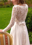 Iris | A Line Long Sleeve High Neck White Lace Wedding Dress Train - White - PROMDRESS Club