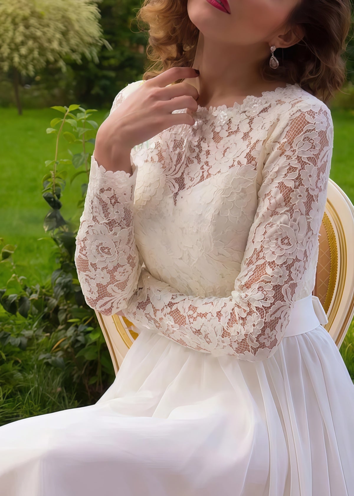 Iris | A Line Long Sleeve High Neck White Lace Wedding Dress Train - White - PROMDRESS Club