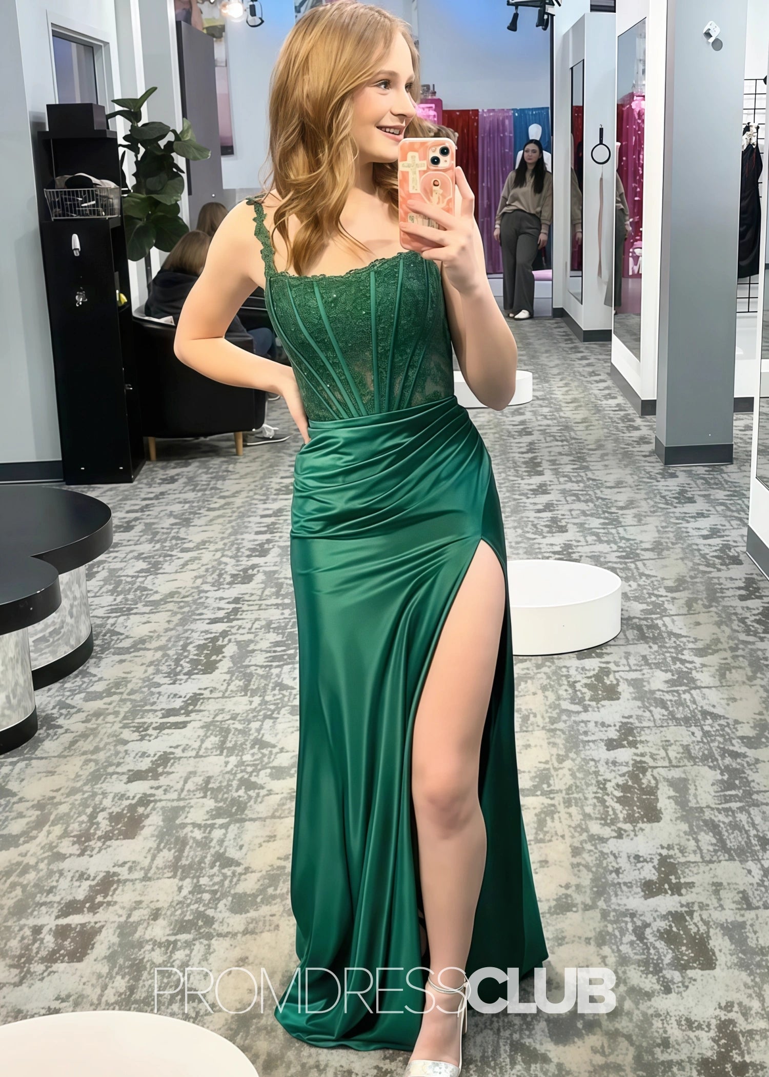 Iris |Long Green Prom Dresses Stores With Mermaid Strepless Lace Side Slit - Green - US0 - PromDressClub