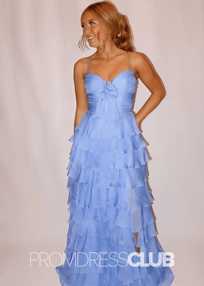 Iris | Tiered Ruffles Sweetheart Hot Pink Chiffon Prom Dress - Blue - PromDressClub