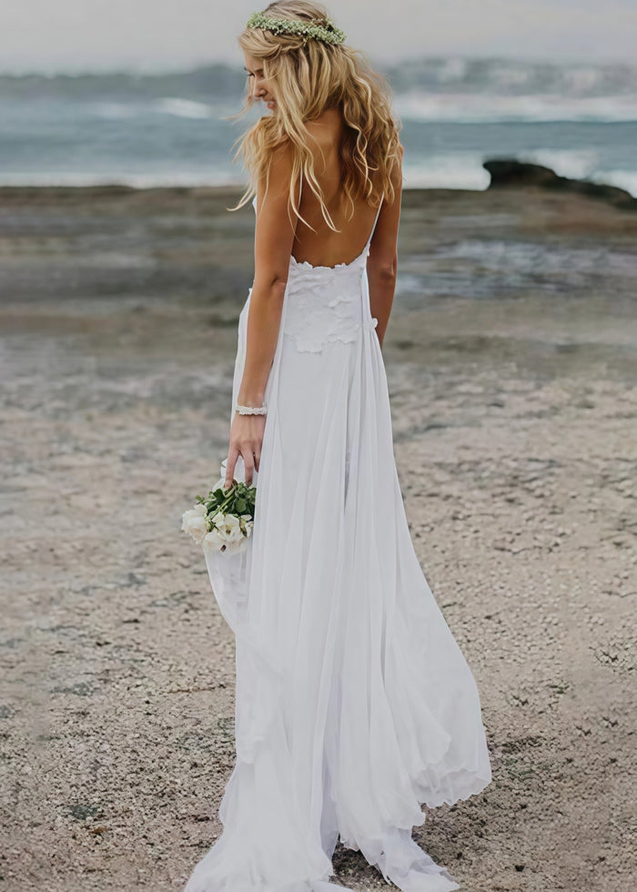 Irma | Elegant Spaghetti Straps Lace and Chiffon Beach Wedding Dress - White - PromDressClub