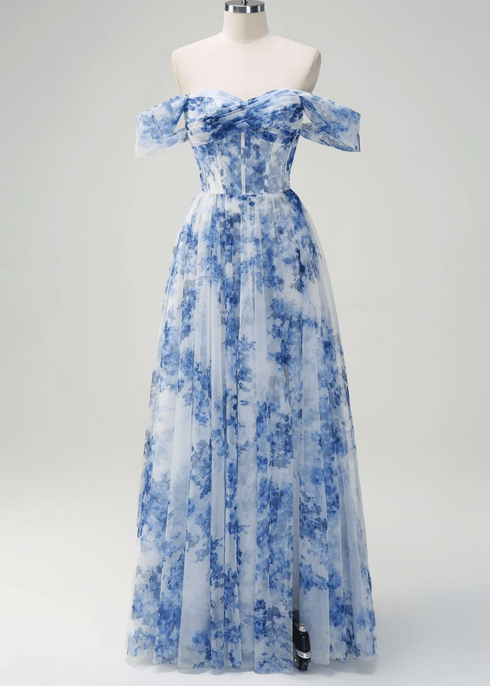 Irma | White Blue Flower Maxi Formal Dress - Price #price_variant_lowest# - Blue Floral - PromDressClub