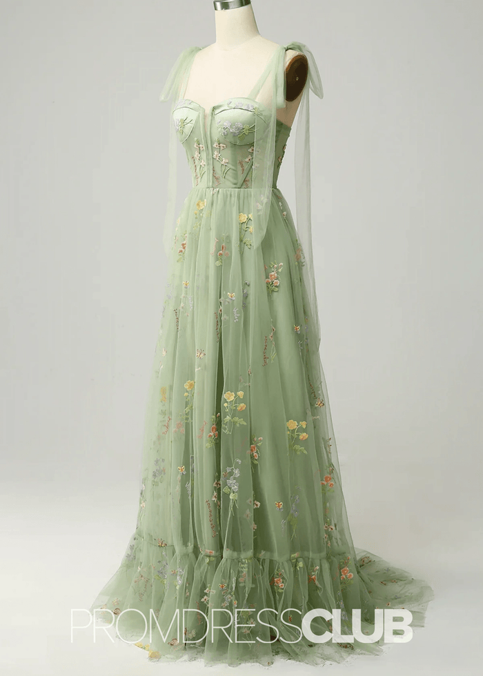 Isabel | Embroidery Corset Black Floral Long Prom Dress - Price #price_variant_lowest# - Sage Floral - PromDressClub