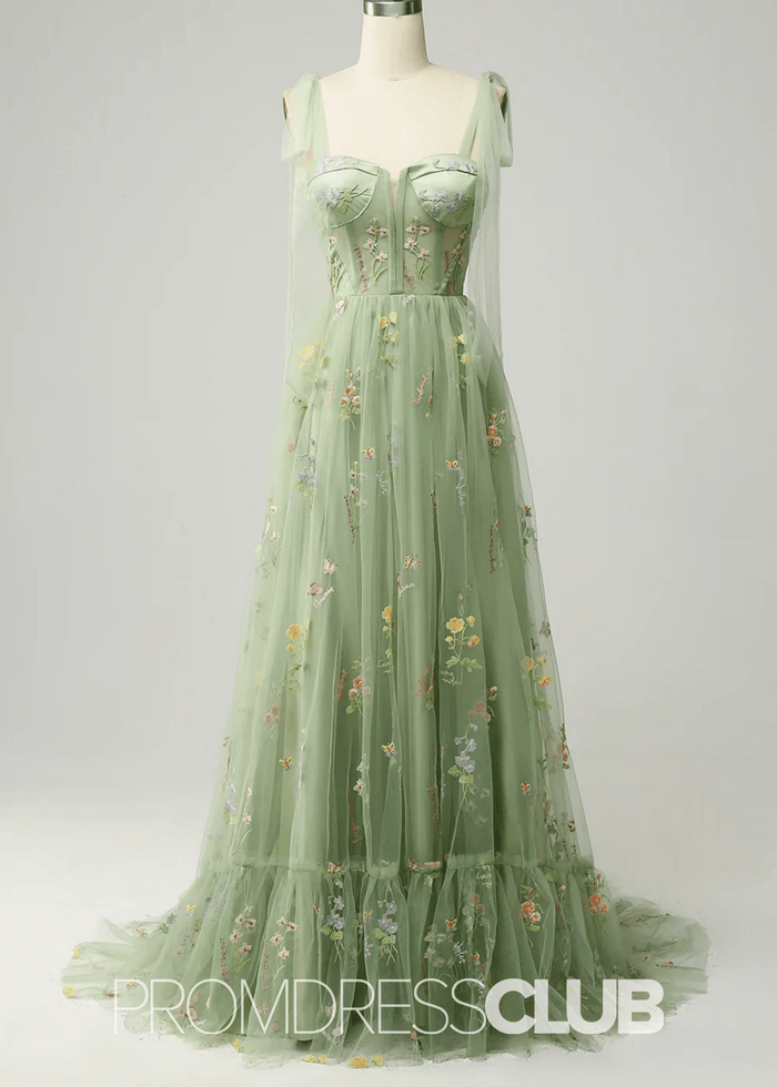 Isabel | Embroidery Corset Black Floral Long Prom Dress - Price #price_variant_lowest# - Sage Floral - PromDressClub