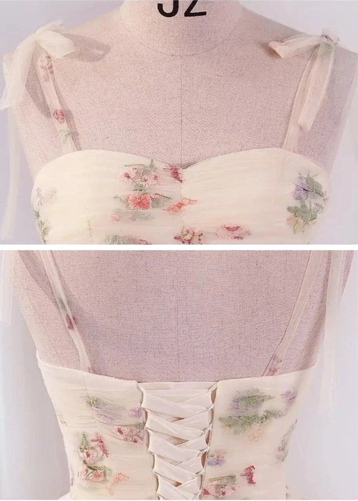 Isabel | Exquisite Elegant Champagne Floral Sweetheart Neck Corset Wedding Dress with Bow - Champagne Floral - PromDressClub