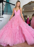 Isabel |Pink Long Prom Dress With A - Line Spaghetti Straps Tiered Tulle - Pink - US0 - PromDressClub